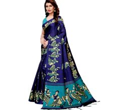 Navy Blue Kathak Women's Khadi Silk Printed Saree With Blouse Piece