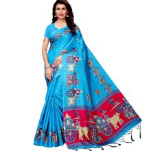 Blue Bullock Cart Village Scene Women's Khadi Silk Printed Saree With Blouse Piece