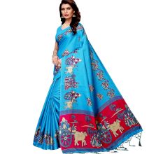 Blue Bullock Cart Village Scene Women's Khadi Silk Printed Saree With Blouse Piece