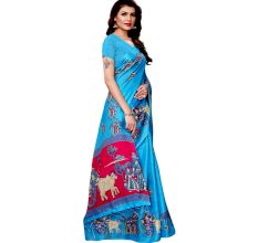 Blue Bullock Cart Village Scene Women's Khadi Silk Printed Saree With Blouse Piece