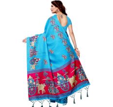 Blue Bullock Cart Village Scene Women's Khadi Silk Printed Saree With Blouse Piece
