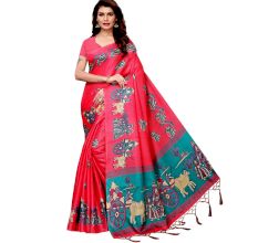Pink Bullock Cart Village Scene Women's Khadi Silk Printed Saree With Blouse Piece