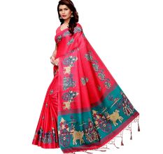 Pink Bullock Cart Village Scene Women's Khadi Silk Printed Saree With Blouse Piece
