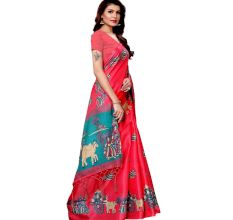 Pink Bullock Cart Village Scene Women's Khadi Silk Printed Saree With Blouse Piece