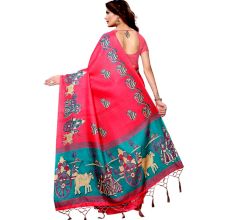 Pink Bullock Cart Village Scene Women's Khadi Silk Printed Saree With Blouse Piece