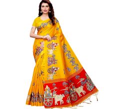 Yellow Bullock Cart Village Scene Women's Khadi Silk Printed Saree With Blouse Piece