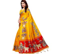 Yellow Bullock Cart Village Scene Women's Khadi Silk Printed Saree With Blouse Piece