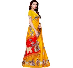 Yellow Bullock Cart Village Scene Women's Khadi Silk Printed Saree With Blouse Piece