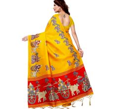 Yellow Bullock Cart Village Scene Women's Khadi Silk Printed Saree With Blouse Piece