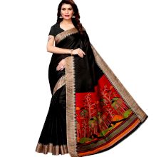 Black Khadi Silk Printed Kalamkari Saree With Tessle And Blouse Piece