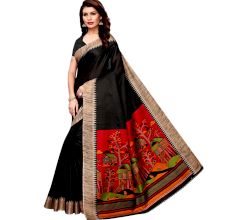 Black Khadi Silk Printed Kalamkari Saree With Tessle And Blouse Piece