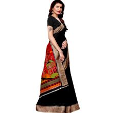 Black Khadi Silk Printed Kalamkari Saree With Tessle And Blouse Piece