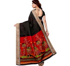 Black Khadi Silk Printed Kalamkari Saree With Tessle And Blouse Piece