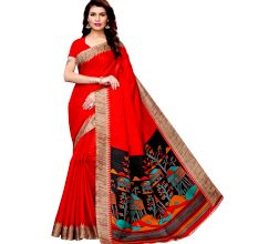 Red Khadi Silk Printed Kalamkari Saree With Tessle And Blouse Piece