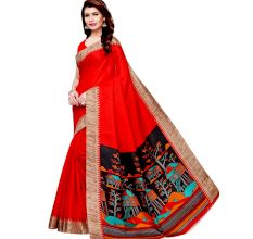 Red Khadi Silk Printed Kalamkari Saree With Tessle And Blouse Piece