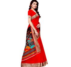 Red Khadi Silk Printed Kalamkari Saree With Tessle And Blouse Piece