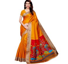 Yellow Khadi Silk Printed Kalamkari Saree With Tessle And Blouse Piece