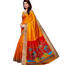 Yellow Khadi Silk Printed Kalamkari Saree With Tessle And Blouse Piece