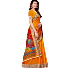 Yellow Khadi Silk Printed Kalamkari Saree With Tessle And Blouse Piece
