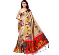 Chiku Beige BaraatÂ Casual Khadi Silk Printed Kalamkari Saree With Blouse Piece Tessle