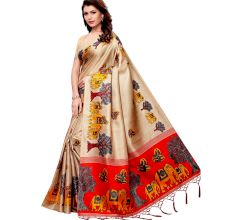 Chiku Beige BaraatÂ Casual Khadi Silk Printed Kalamkari Saree With Blouse Piece Tessle