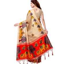 Chiku Beige BaraatÂ Casual Khadi Silk Printed Kalamkari Saree With Blouse Piece Tessle
