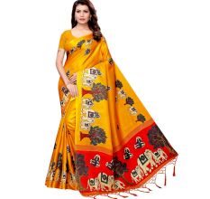 Yellow BaraatÂ Casual Khadi Silk Printed Kalamkari Saree With Blouse Piece Tessle