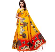 Yellow BaraatÂ Casual Khadi Silk Printed Kalamkari Saree With Blouse Piece Tessle