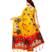 Yellow BaraatÂ Casual Khadi Silk Printed Kalamkari Saree With Blouse Piece Tessle