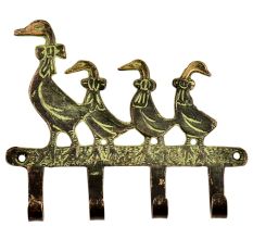 Brass Mother and Baby Geese Wall Hook Key Holder With Green Patina