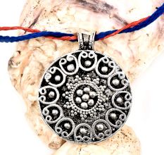 Round Silver Aluminum  Metal Pendant Necklace With Tribal Style Inlay Work