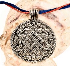 Round Tribal Embossed Floral Design On Silver Aluminum Pendant Necklace