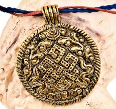 Round Tribal Embossed Floral Design On Golden Aluminum Pendant Necklace