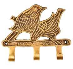 Hand Crafted Two Brass Birds With Three Wall Hooks
