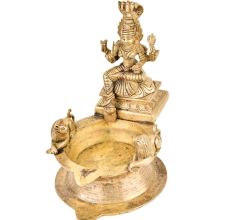 Brass Indian Oil Lamp with Goddess Mariamman Seated With Two Lions