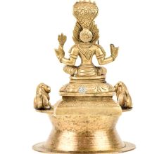 Brass Indian Oil Lamp with Goddess Mariamman Seated With Two Lions