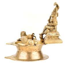 Brass Indian Oil Lamp with Goddess Mariamman Seated With Two Lions