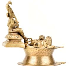 Brass Indian Oil Lamp with Goddess Mariamman Seated With Two Lions
