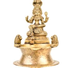 Brass Indian Oil Lamp with Goddess Mariamman Seated With Two Lions