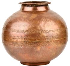 Simple Engraved Brass Bulbous Copper Finish Holy Water Pot