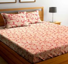 Light Orange Floral Motifs 104 TC Cotton 1 Queen Bedsheet With 2  Pillow Covers
