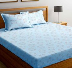 Blue Small Floral 104 TC Cotton 1 Queen Bedsheet with 2 Pillow Covers