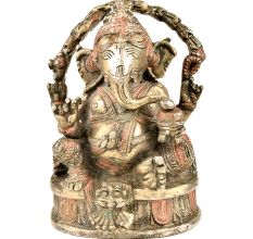 Handmade Siddhi Ganesha Brass Statue Highlighted With Orange Color