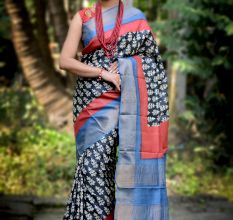 Zari Border Pure Tussar Silk Saree Bangal Handwoven Hand Block/Dyed Zari Tossor Sari with SilkMark assurance Tag 02