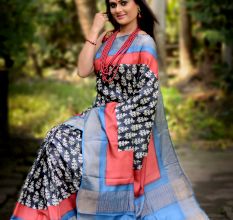 Zari Border Pure Tussar Silk Saree Bangal Handwoven Hand Block/Dyed Zari Tossor Sari with SilkMark assurance Tag 02