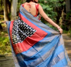 Zari Border Pure Tussar Silk Saree Bangal Handwoven Hand Block/Dyed Zari Tossor Sari with SilkMark assurance Tag 02