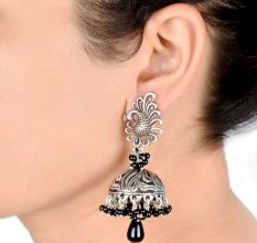 Sterling 92.5 Pure Silver Designer Earrings Jhumkies With Black Beads and Bird Stud