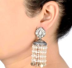 92.5 Sterling Silver Pearl Tassel Jhumkas Earrings With Engraved Floral Stud