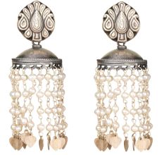 92.5 Sterling Silver Pearl Tassel Jhumkas Earrings With Engraved Floral Stud
