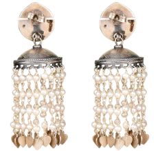 92.5 Sterling Silver Pearl Tassel Jhumkas Earrings With Engraved Floral Stud